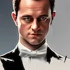A magic avatar of Tom Dekan as an oil painting of James Bond, wearing a white tie and tuxedo