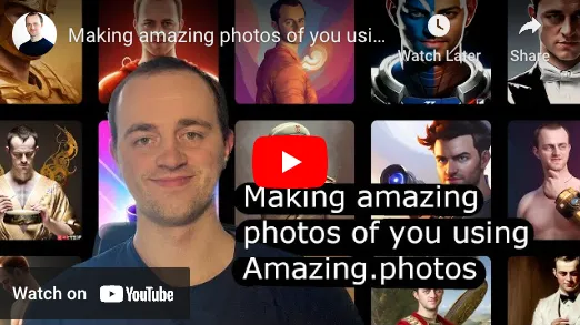 Thumbnail of a video demo of Amazing.photos. The demo video shows how to create realistic ai avatars online using the profile picture ai of Amazing.photos.