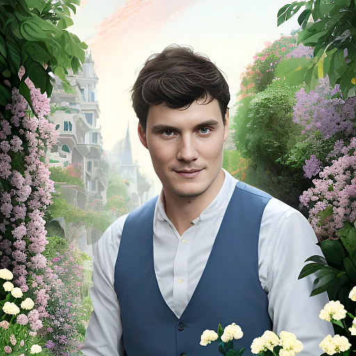 Generated magic AI profile pic of Andy Gijbels walking through an ornate garden, wearing a waistcoat, and looking at the camera. The AI profile picture image is highly realistic