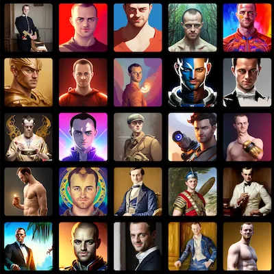 25 Realistic ai magic avatars created with AI by Amazing.photos. The image shows a grid of 25 generated ai profile pictures of the same person, with the person shown as a soldier, superhero, in a tuxedo, in a video game called Mass Effect, as James Bond, as a Roman, and in an oil painted, among many other highly realistic created ai profile pictures 