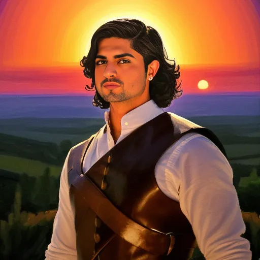 Magic AI avatar example of Josh Treon - AI generated Profile picture of Josh as a spanish conquistador, wearing leather clothing with stunning orange and yellow sunset behind him.