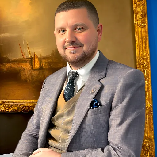 Magic AI avatar of Matt Spolar - AI generated Profile picture of Matt as a wealthy gentleman, dressed in a suit, and sitting in front of an ornate oil painting 