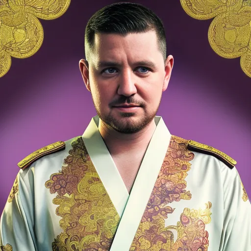 Magic AI avatar of Matt Spolar - AI generated profile picture of Matt wearing a intricate, gold- laced Japanese toga with a purple background.