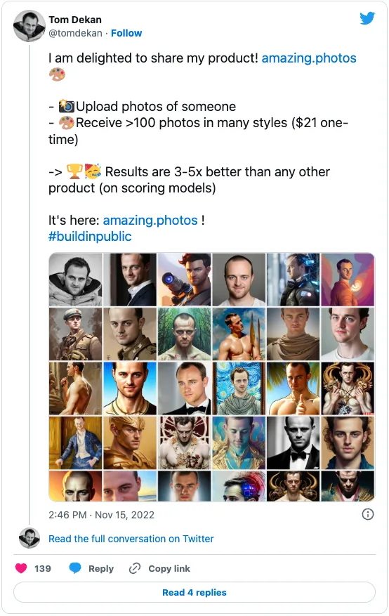 Tweet announcing Amazing.photos from Tom Dekan. The tweet shows profile photos that Amazing.photos created as an ai image profile picture generator